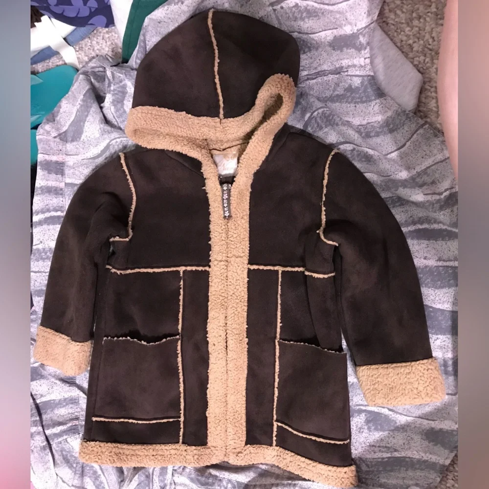 Y2K Old Navy Microsuede Sherpa Hooded Coat Vintage Brown Tan 18-24M Baby Girl